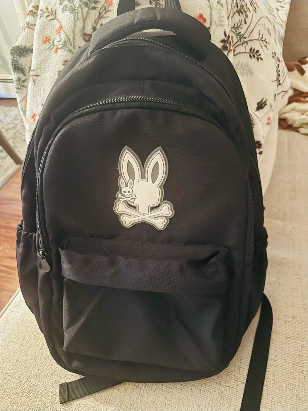 Psycho Bunny Black Backpack with White Bunny Skull Logo